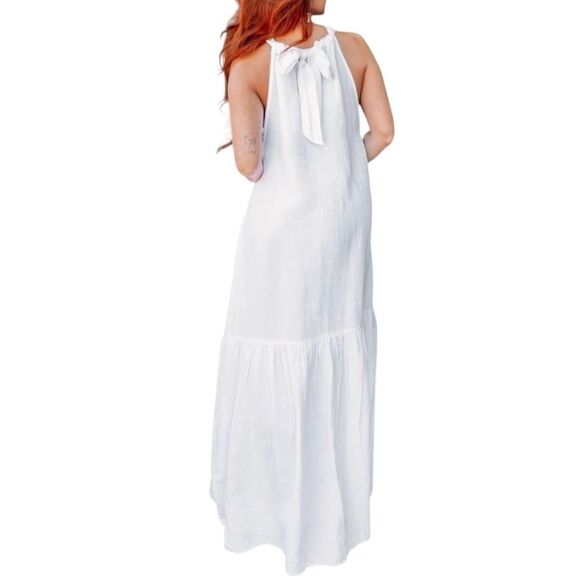 ELAN Linen Blend Tiered Halter Maxi Dress Relaxed Fit High Neck White Medium NWT - Picture 5 of 15